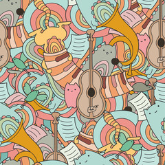 Vector doodle seamless pattern with cute cats and musical instruments. Kawaii animals with guitar, trumpet and piano. Colorful texture.