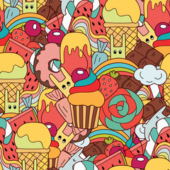 Vector doodle colorful seamless pattern. Sweets in cartoon style with ice cream, cupcake and cute rabbits. Food pattern for kids.