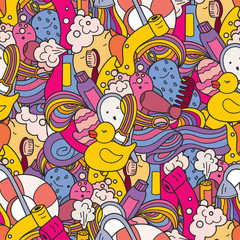 Fototapeta na wymiar Vector seamless pattern. Bathroom items multicolored in doodle style. Baby shower, print for kids.