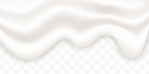 Liquid creamy white texture flowing on wide background, vector illustration. Yogurt realistic texture layers isolated on transparent background. Liquid cream pouring, yoghurt background. - obrazy, fototapety, plakaty