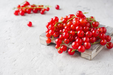 Fresh red currant berries on the stand and grey table