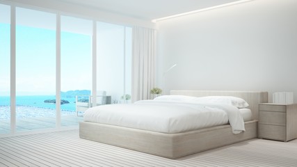Bedroom and living area on pool deck and swimming pool with panorama sea view - Bedroom and swimming pool sea view and island view in hotel or resort - 3D Illustration