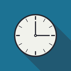 Clock icon design on a blue background. Three o'clock. Vector, eps10