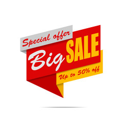 Big sale banner. Yellow and red discount poster. Special offer. Up to 50% off. Vector, eps10