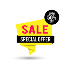 Big sale banner template design. Yellow discount poster on a light background with shadow, Sale tag, label, badge, sticker. Special offer, Up to 50% off. Vector illustration, eps10