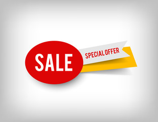 Sale banner with shadow. Red with yellow discount poster on a light background, Sale tag, label, badge, sticker. Special offer. Vector illustration, eps10