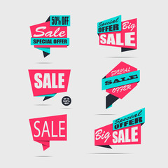 Set of sale banners on a light background. Big sale. White and dark text. Red discount posters. Special offer. Up to 50% off. 50% off. Vector illustration, eps10