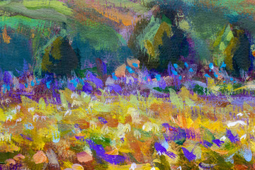 Fototapeta na wymiar Tuscany painting on canvas. Warm summer French rural landscape. Italian Tuscany. high cypresses, field of flowers illustration artwork art