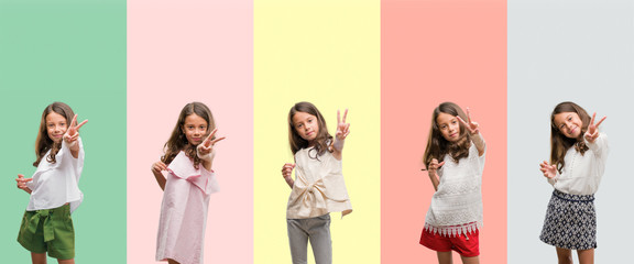 Collage of brunette hispanic girl wearing different outfits smiling looking to the camera showing fingers doing victory sign. Number two. © Krakenimages.com