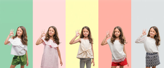 Collage of brunette hispanic girl wearing different outfits smiling positive doing ok sign with...