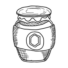 glass jar with sweet honey,hand-drawn,vector image,outline style,black and white picture