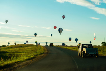 Bright colorful hot air balloons flying © smspsy