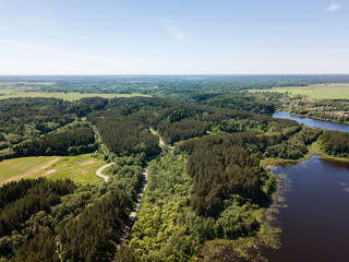 Beautiful aerial view of blue lake and green forest district in 
