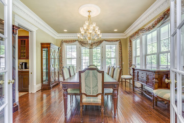 Elegant formal dining room with retro details.