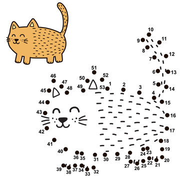 Connect the dots and draw a funny fat cat. Numbers game for children. Vector illustration