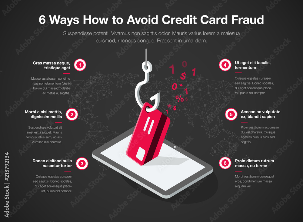 Leinwandbilder simple vector infographic for 6 ways how to avoid credit card fraud template isolated on dark backgr