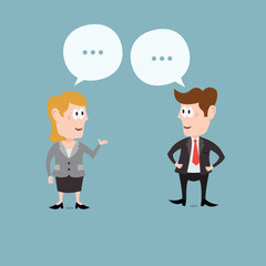 Fototapeta na wymiar Businesswoman and businessman discussing about business plan and strategy. Flat illustration, easy to use for your website or presentation.