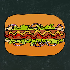 Hotdog. Bun, Sausage, Ketchup, Mustard. Fast Food Collection. Hand Drawn High Quality Traced Vector Illustration. Doodle Style. Black Chalkboard.