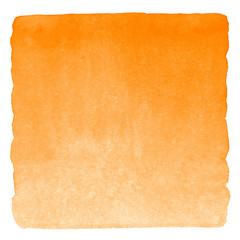 Fototapeta na wymiar Orange watercolor square gradient fill with uneven edges. Watercolour stains autumn, halloween background. Abstract painted template for text design. Brush drawn aquarelle texture isolated on white.