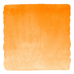 Orange watercolor square gradient fill with uneven edges. Watercolour stains autumn, halloween background. Abstract painted template for text design. Brush drawn aquarelle texture isolated on white.
