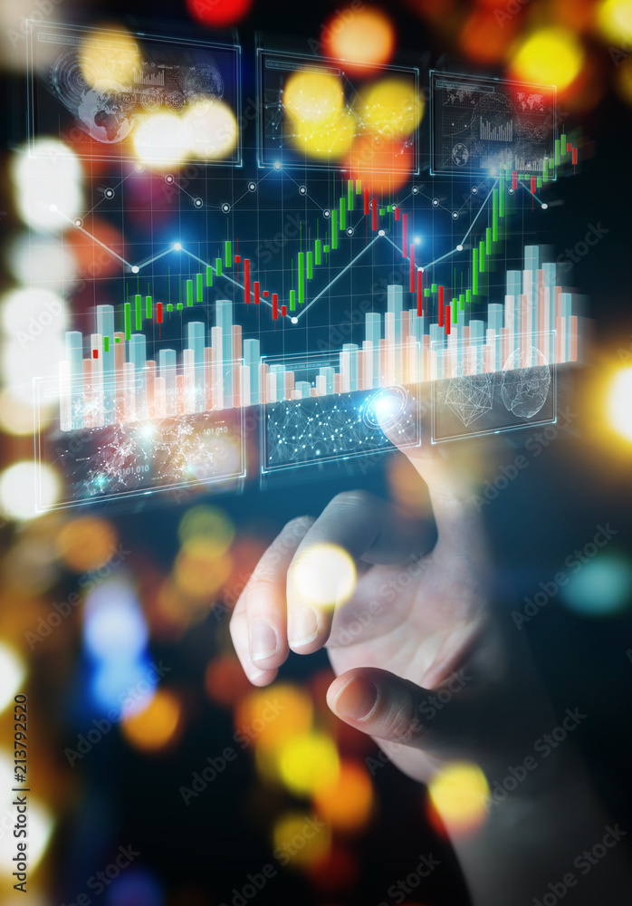 Poster Businessman using 3D rendering stock exchange datas and charts