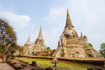 Fototapeta premium Three main stupas aligned in the central shrine of Ayuthaya temple, Thailand