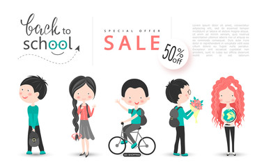 Back to school sale vector background with schoolchildren. Vector illustration for website , posters, email and newsletter designs, ads, coupons, promotional material.