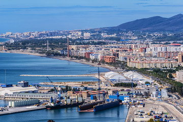 Port of Malaga - international seaport located in city of Malaga in southern Spain, on Costa del Sol coast of Mediterranean, oldest continuously-operated port in Spain. Malaga, Andalusia, Spain.