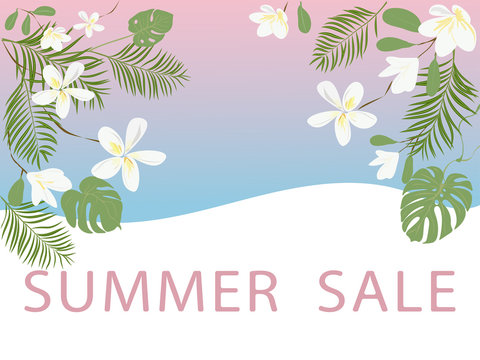Summer sale background with tropical flowers and leaves. Vector illustration