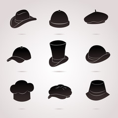 Collection of different hats (cap, bowler, beret etc.). Vector art.