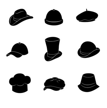 Collection of hats, caps, berets. Retro accessories vector icon set.