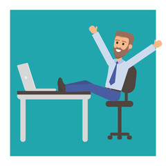 Happy Businessman with beard or manager sits in a chair, his feet on the table. Successful man having rest on workplace in office.