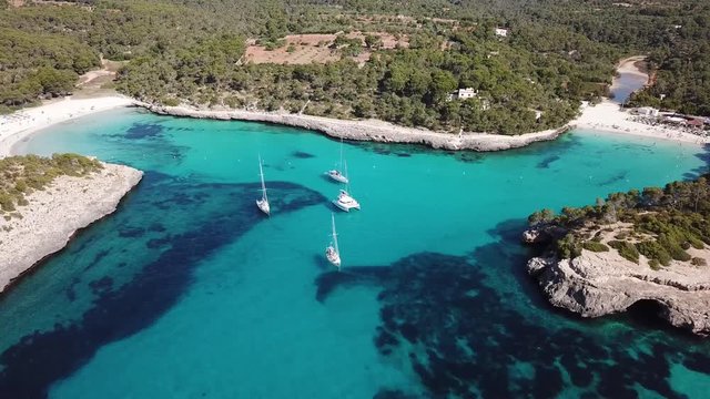 Aerial: The Cala Mondrago beach in Mallorca, Spain