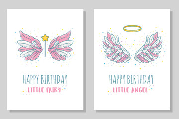 Happy birthday little fairy and angel card templates. Wide spread wings with golden halo and magic wand. Contour drawing in modern line style with volume. Vector illustration isolated on white.