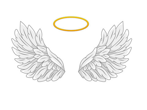 A pair of wide spread angel wings with golden halo or nimbus. Grey and white feathers. Contour drawing in modern line style with volume. Vector illustration