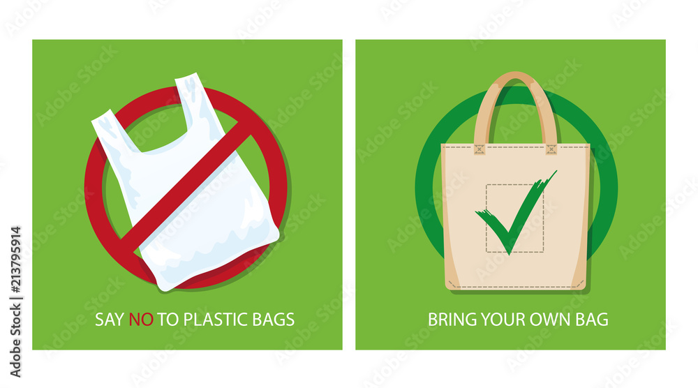 Fototapete pollution problem concept. say no to plastic bags, bring your own textile bag. cartoon styled images