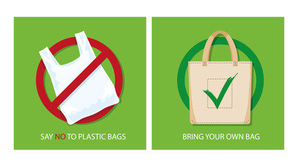 Pollution problem concept. Say no to plastic bags, bring your own textile bag. Cartoon styled images with signage calling for stop using disposable polythene package. Vector illustration.