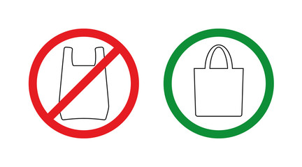 Pollution problem concept.No plastic bags allowed, use textile or paper sac.Prohibiting and allowing red and green signs.Simple pictograms for stores and shops.Vector illustration isolated on white