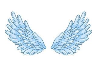 A pair of angel wings with sky blue feathers, wide spread. Contour drawing in modern line style with volume. Vector illustration isolated on white.
