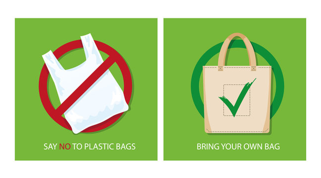 Pollution problem concept. Say no to plastic bags, bring your own textile bag. Cartoon styled images with signage calling for stop using disposable polythene package. Vector illustration.