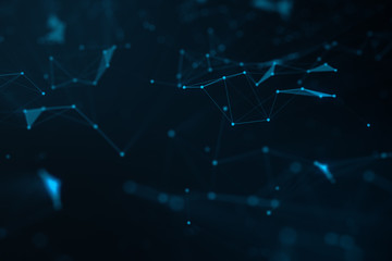 Abstract background of lines and dots, low poly mesh. Internet connections technology. Concept of neural connections transmitting signals between artificial neural connections, 3D illustration