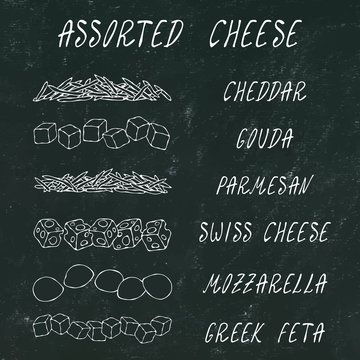 Assorted Cheese. Grated Chedder, Parmesan, Gouda, Swiss, Feta Cubes, Mini Mozzarella. Pizza Ingredients. Hand Drawn High Quality Clean Vector Realistic Illustration. Doodle Style. Black Chalkboard.