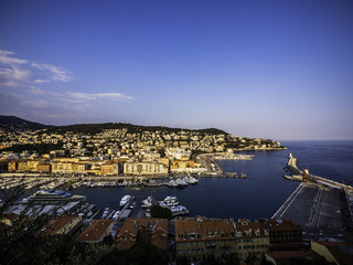 skyline of coastal town of Nice in France during sunset time