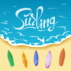 Inscription, summer summer and surfing. Sea, beach, vacation.