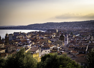 Skyline of Nice, France at sunset time