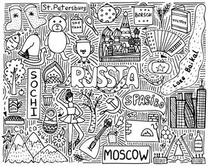 Hand-drawn monochrome doodle poster with Russian sights and symbols.