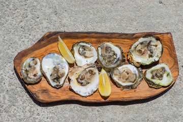 Oysters with lemon on wooden plate. Top view