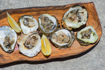 Oysters with lemon on wooden plate. Top view