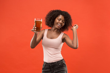 Sexy young afro woman drinking beer, not isolated on white background