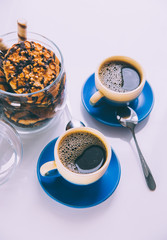 hot coffee, chocolate and cookies in morning